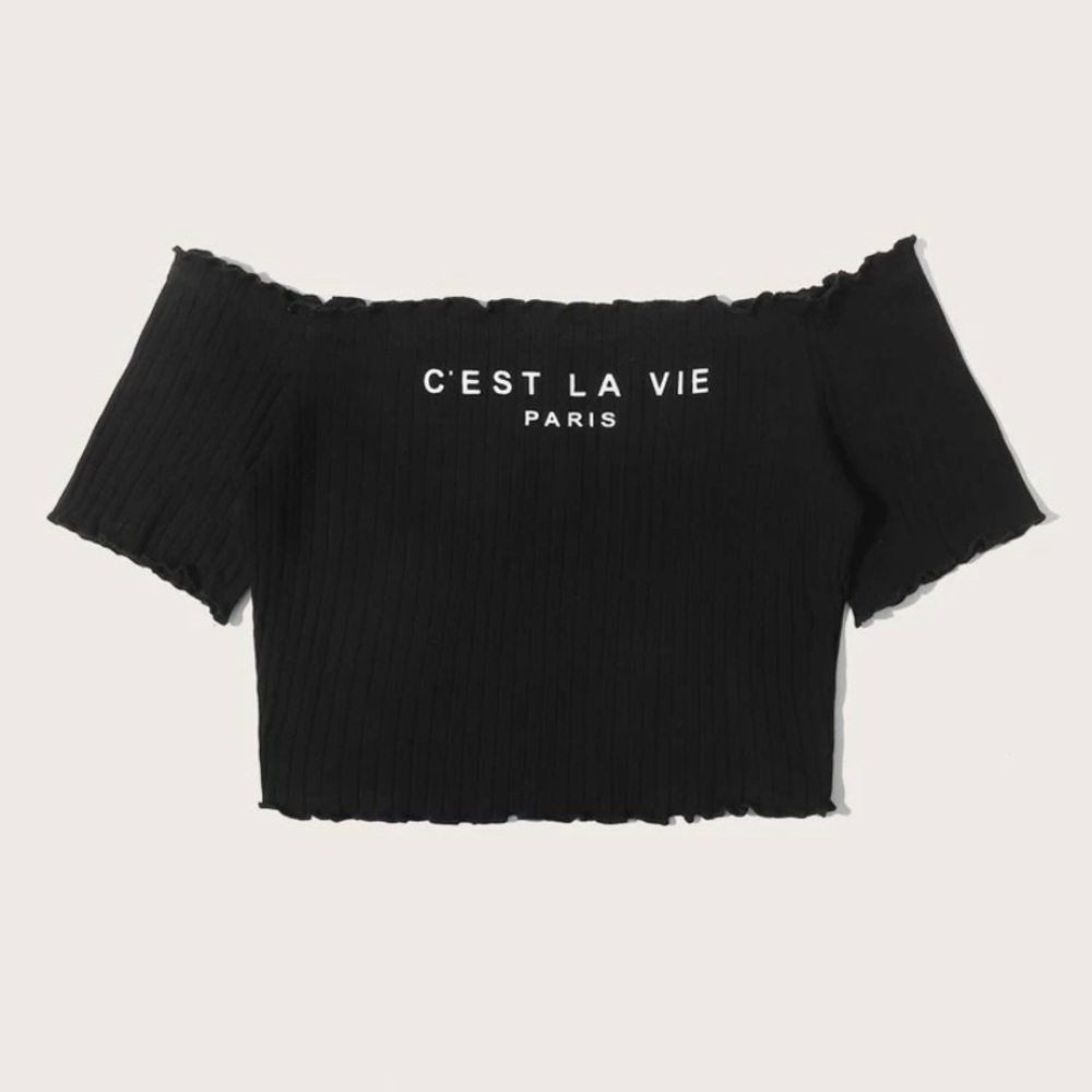 Lettuce Trim Slogan Graphic Crop Bardot Top